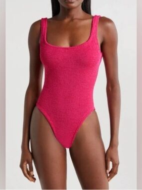 New Hunza G Neon Pink Fuschia Raspberry Square-Neck Swimsuit Crinkle Monokini
